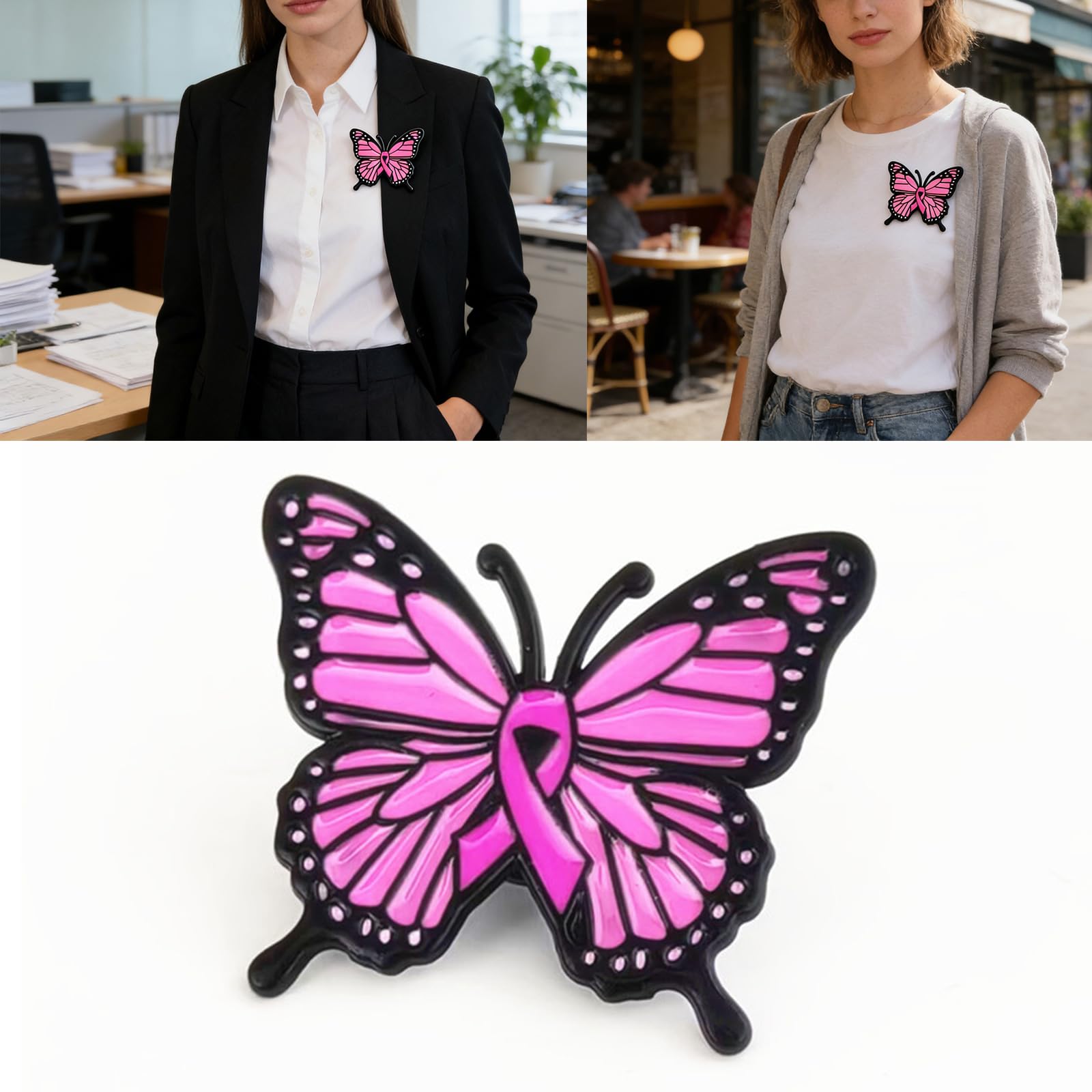 Elegante broche de mariposa de aleación Zn para educación sobre el cáncer de mama con imperdible de mariposa