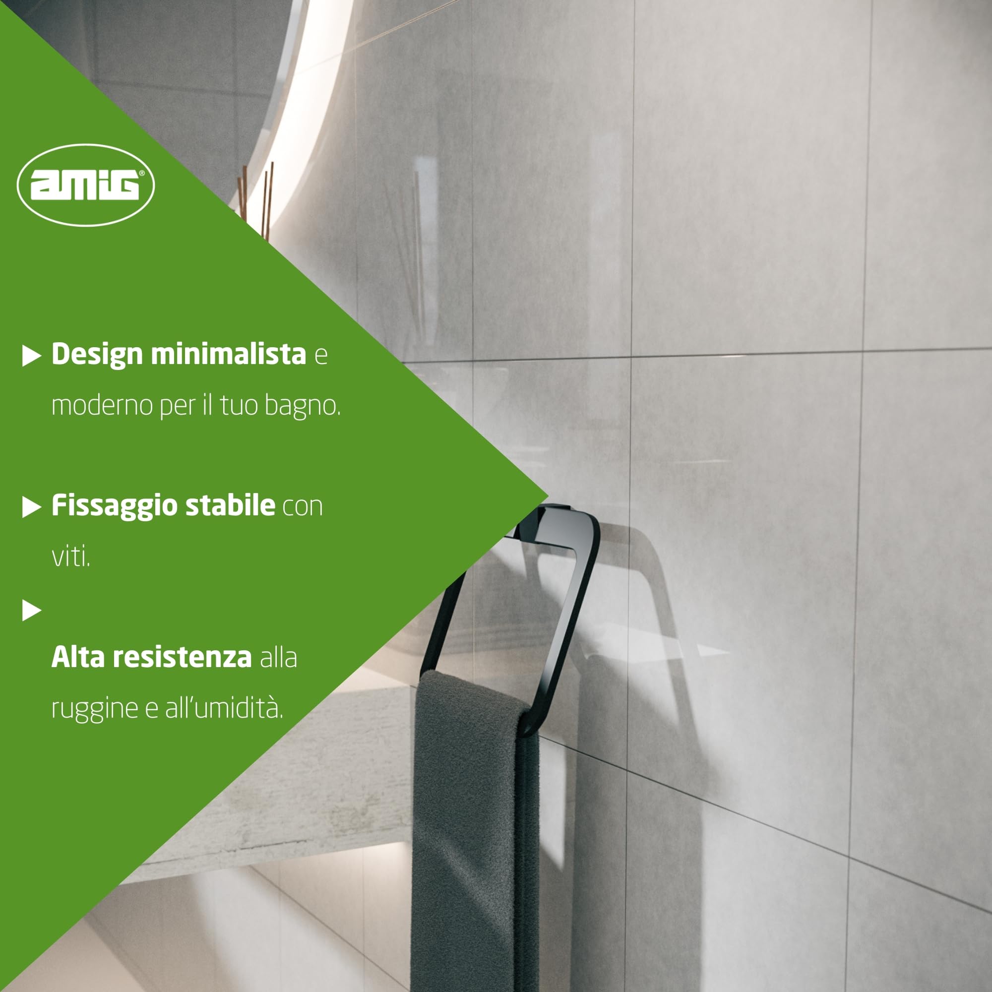 Amig - Portasciugamani da bagno Mod. Oma-4 | Supporto da parete per asciugamani Con viti incluse | 200 x 175 x 30 mm | Zamak | Nero opaco