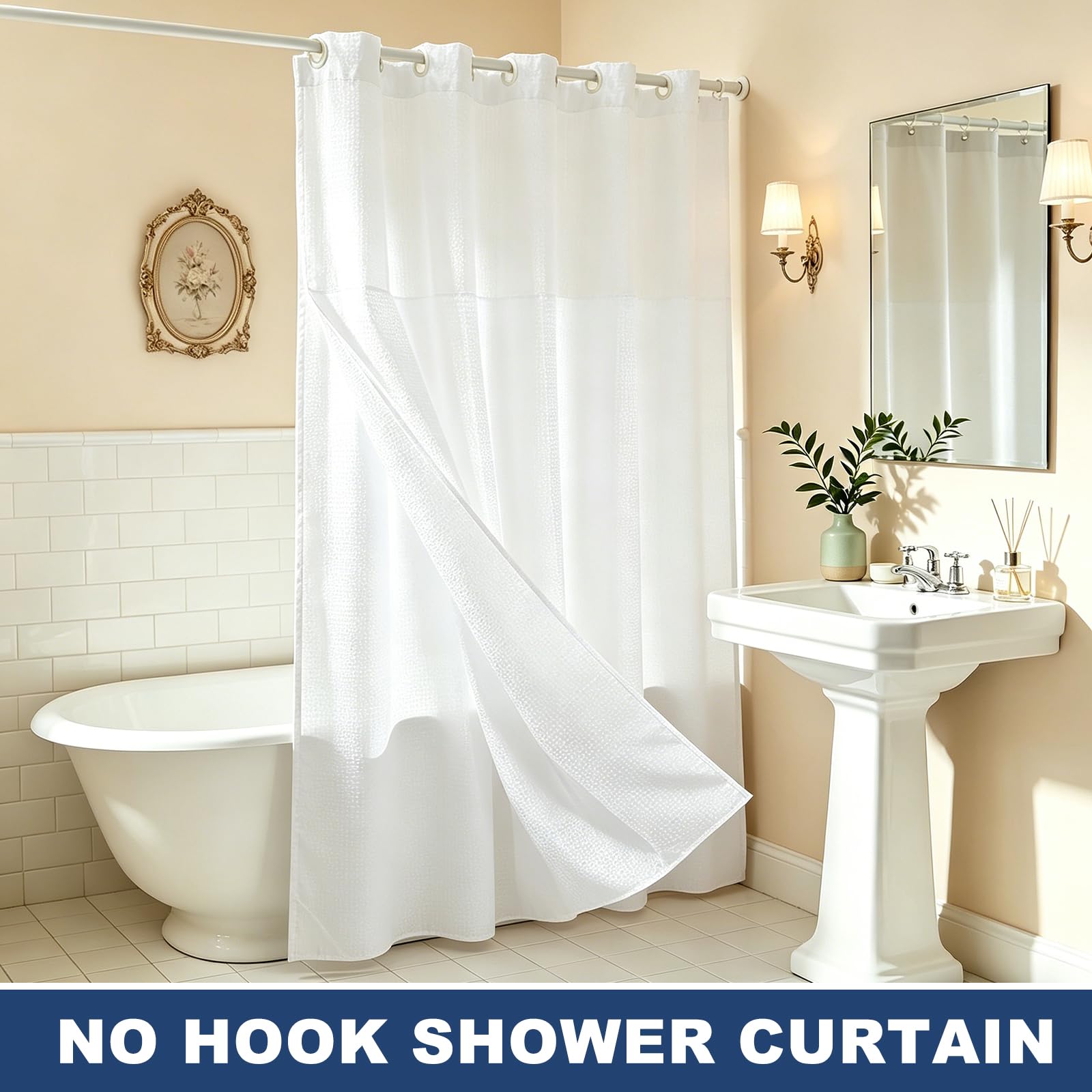 DTGN Rideau de douche sans crochet – Doublure amovible en polyester – Imperméable et lavable – Tissage gaufré texturé pour maison, salle de bain, hôtel – Gris foncé – 180 x 183 cm (l x L)