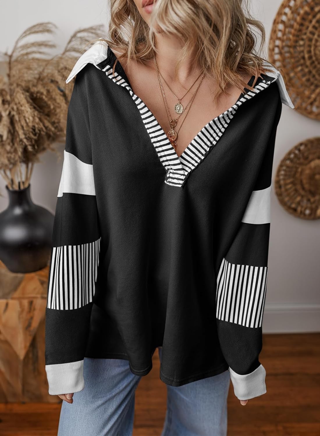 BLENCOT Women Oversized Sweatshirts Color Block Long Sleeve Loose V Neck Fall Outfits 2024 Fashion Slit Pullover - Image 3