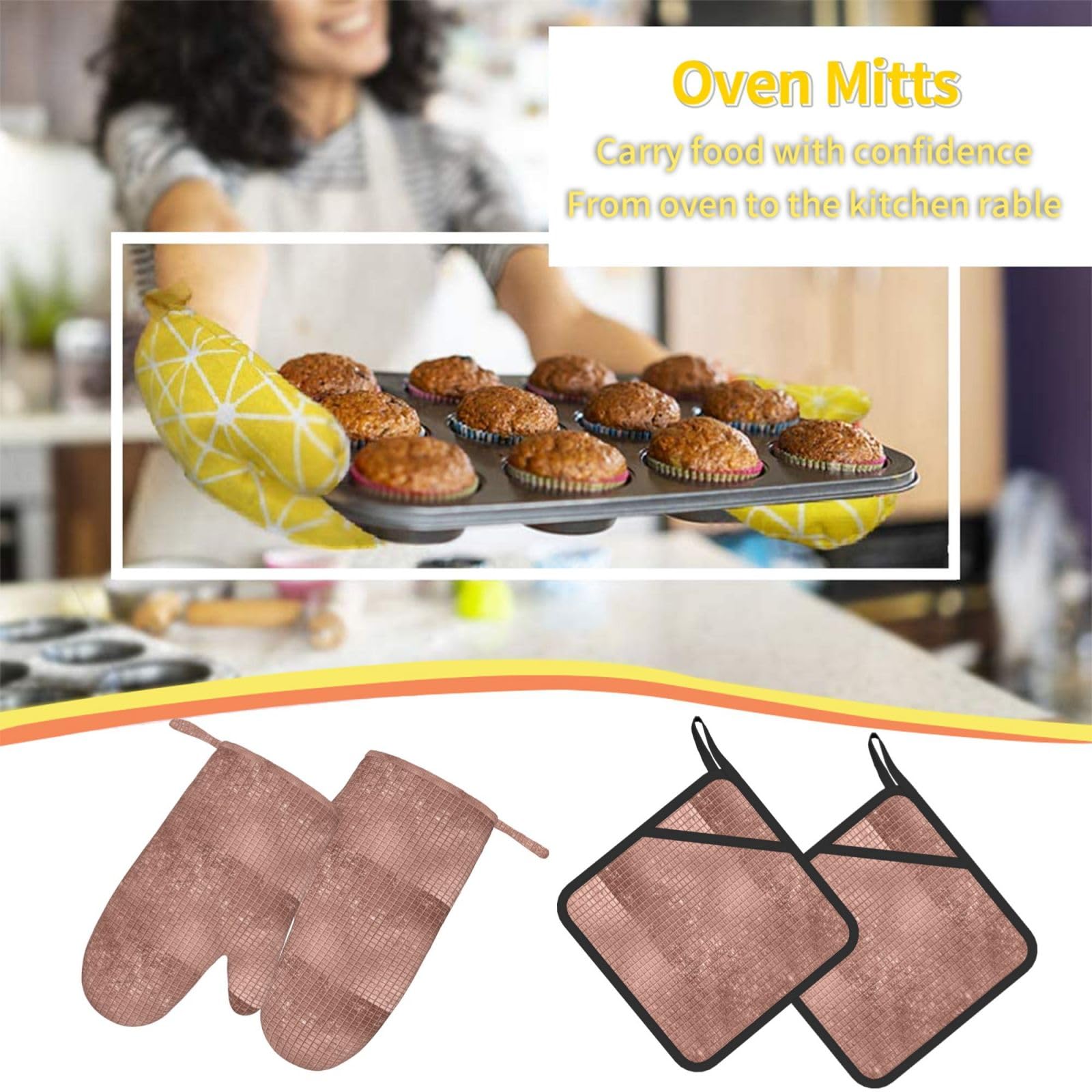 Juego de Cuatro Guantes y Manoplas Resistentes al Calor para Hornear, Guantes de Cocina Antideslizantes, Manoplas para Horno, Hermoso Brillo Oro Rosa Moderno.