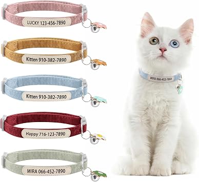 Personalized Cat Collars Breakaway with Bell, Custom Corduroy Cat Collar with Name and Phone Nummber, Cute Collar with Flower Accessories for Cat or Kitten