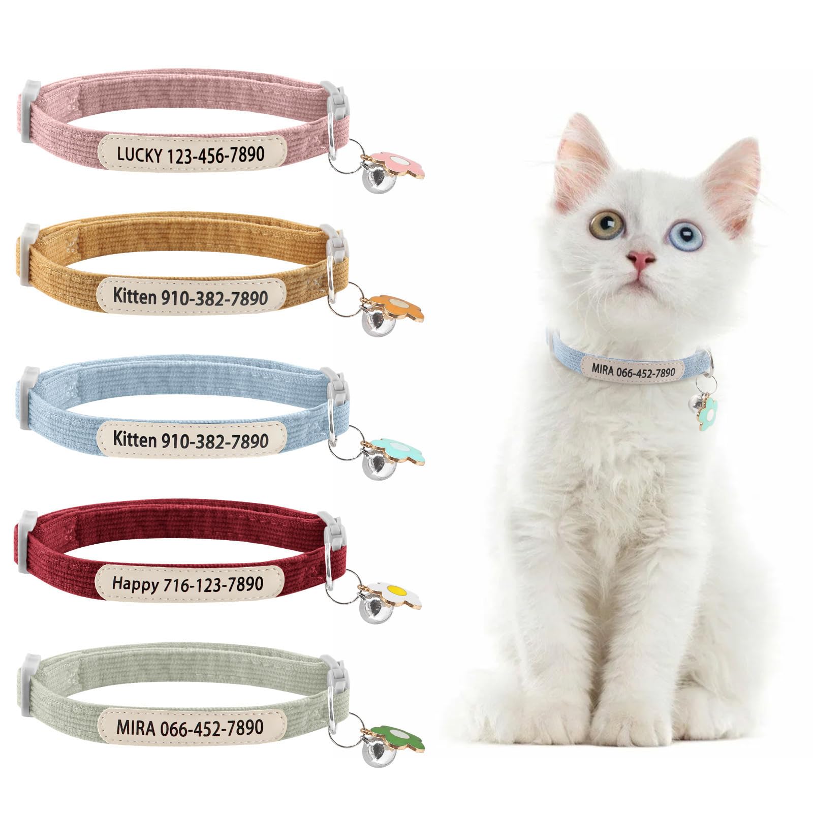 Collare per gatti personalizzato con stampa UV nome e numero di telefono – Collare regolabile per animali domestici con campana