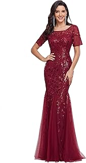 Women's Elegant Illusion Short Sleeve Crew Neck Sequin Embroidery Mermaid Evening Dresses 07707