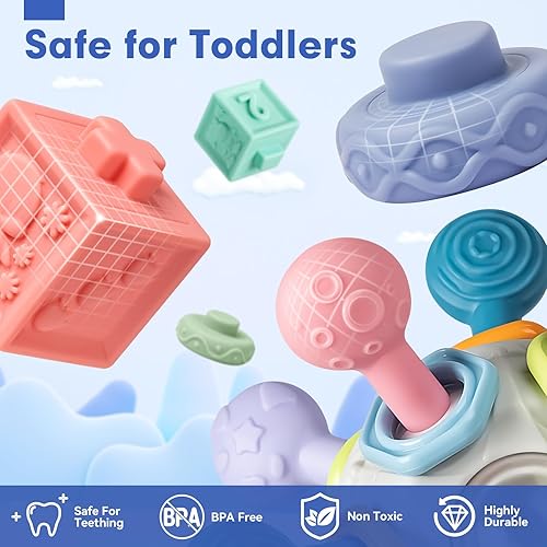 Miniatura 2 de SpringFlower Juguetes Montessori 3 en 1 para bebés de 0-3-6-12 meses, mordedores de sonajero y bloques para bebés y anillos apilables suaves,