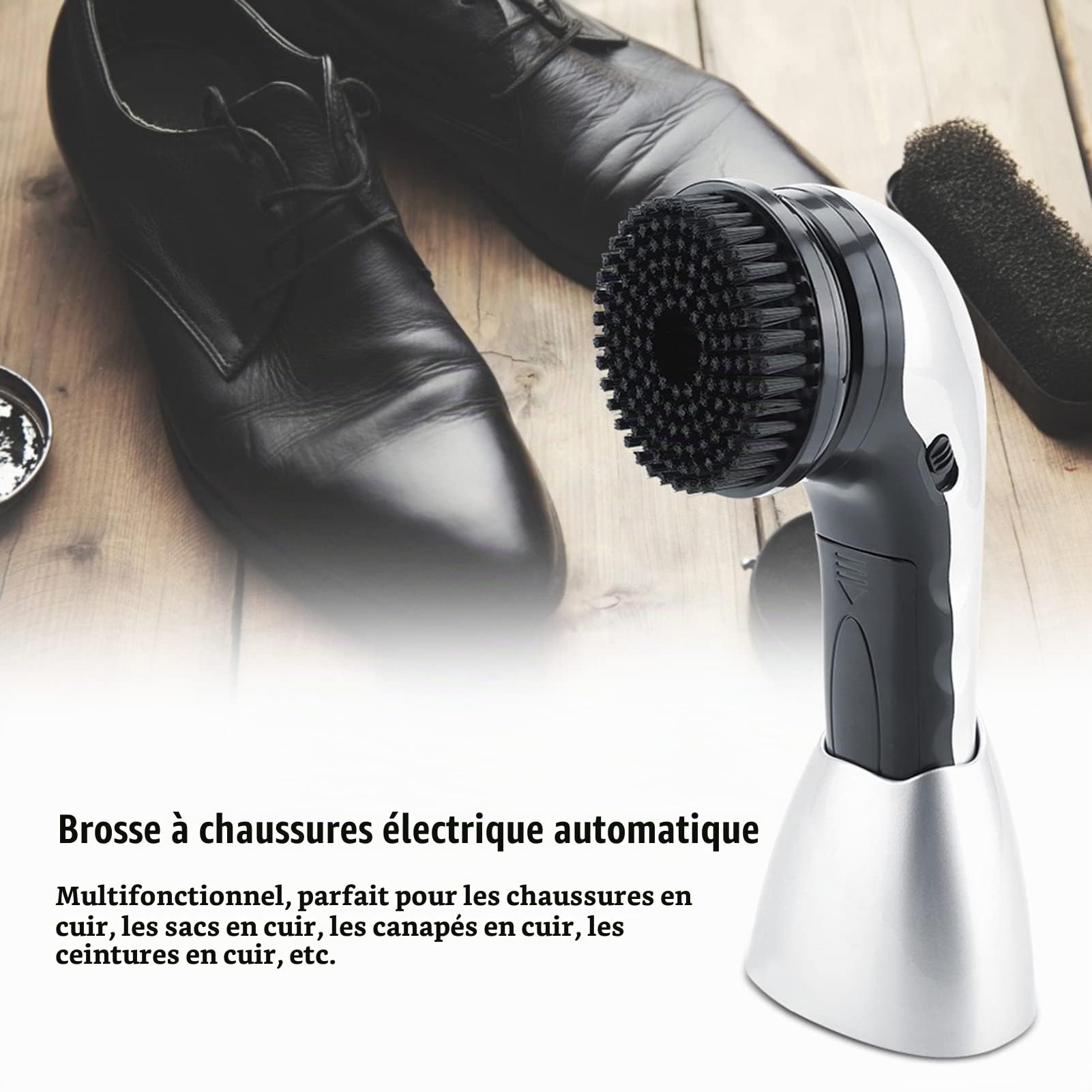 Brosse à Chaussures électrique - Ensemble de 5 Têtes de Brosse Multifonctions pour Chaussures, Sacs, Canapés, Voitures et Ceintures en Cuir - Batterie ou Prise EU 220V - Noir