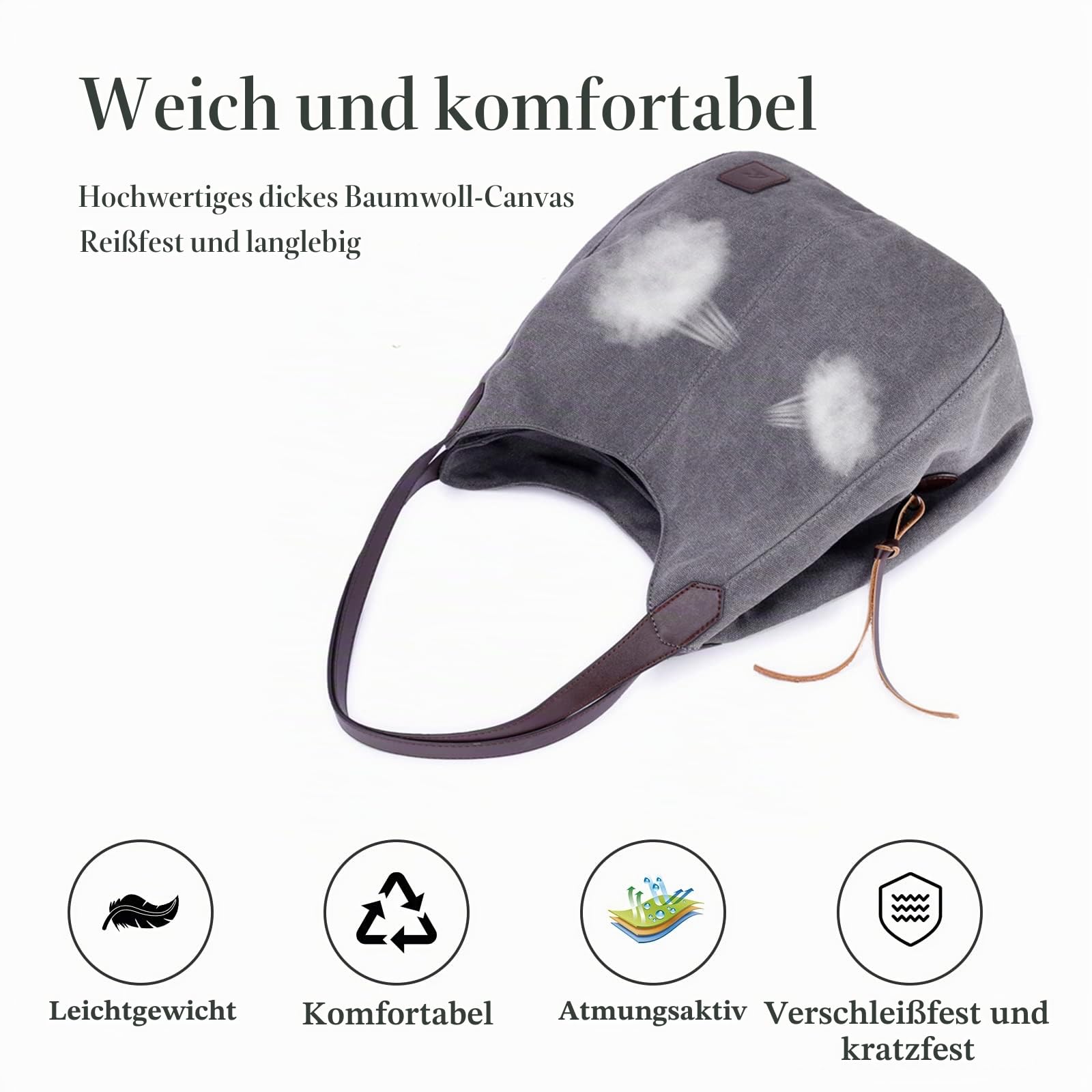 Damen Handtasche Canvas Hobo Schultertasche Mädchen Tote Bag Shopper Henkeltasche für Schule Reisen Arbeit Grau