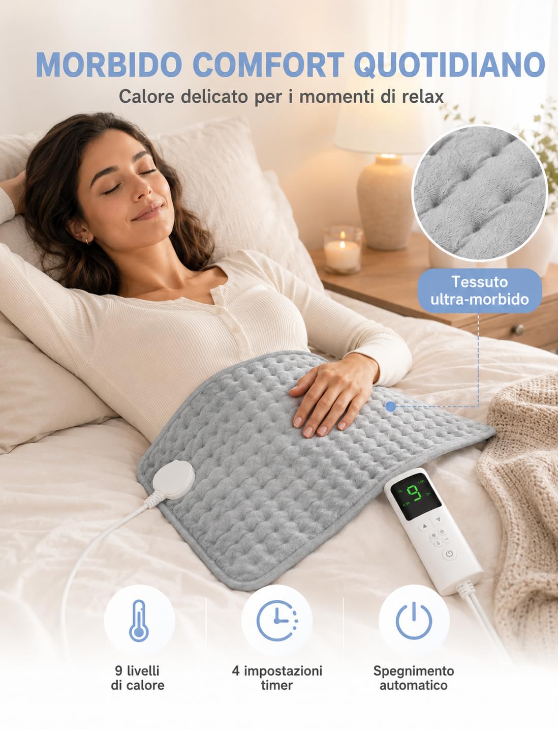 UOHHBOE Termoforo Elettrico 75W Tappetino Riscaldante 9 Impostazioni di Temperatura Lavabile in Lavatrice 4 Timer 60x30cm Con Spegnimento Auto Termoforo Cervicale Spalle Schiena Addome e Gambe
