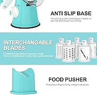 Vista 6 de Cambom Rotary Cheese Grater Hand Crank Cheese Shredder for Fresh Cheese, Vegetable, Nuts,Non-slip Suction Base, Five Blades, Blue