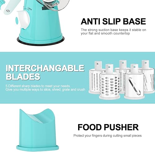 Miniatura 6 de Cambom Rallador giratorio de queso, triturador de queso de manivela para queso fresco, verduras, nueces, base de succión antideslizante, cinco