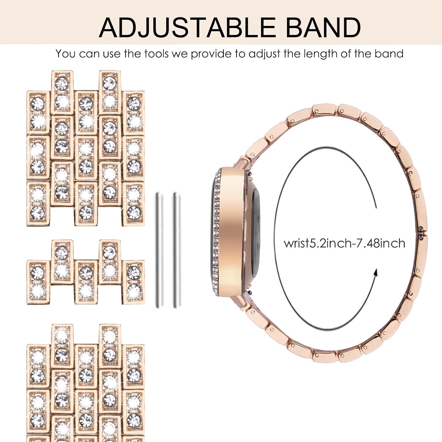 V-MORO Metal Band Compatible with Fitbit Versa 3/Sense Bands Woman Bling Jewelry Diamond Metal Strap Replacement with Full Cover Protective Cases Accessories for Fitbit Sense/Versa 3