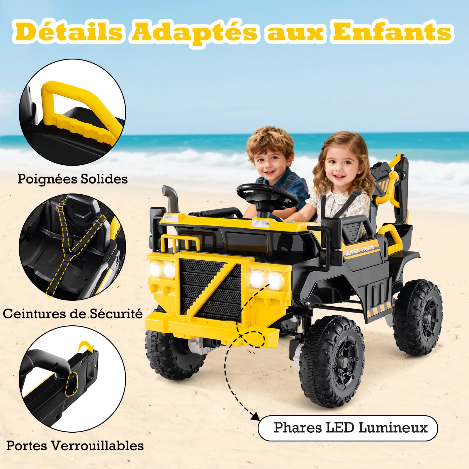 COSTWAY 24V Voiture Excavatrice Électrique Enfant avec Télécommande & Pelle, Camion Électrique 2 Places avec Musique & Lumières & Klaxon, 2,6-5km/h, Charge 25kg, Tracteur pour 3 Ans+, Jaune