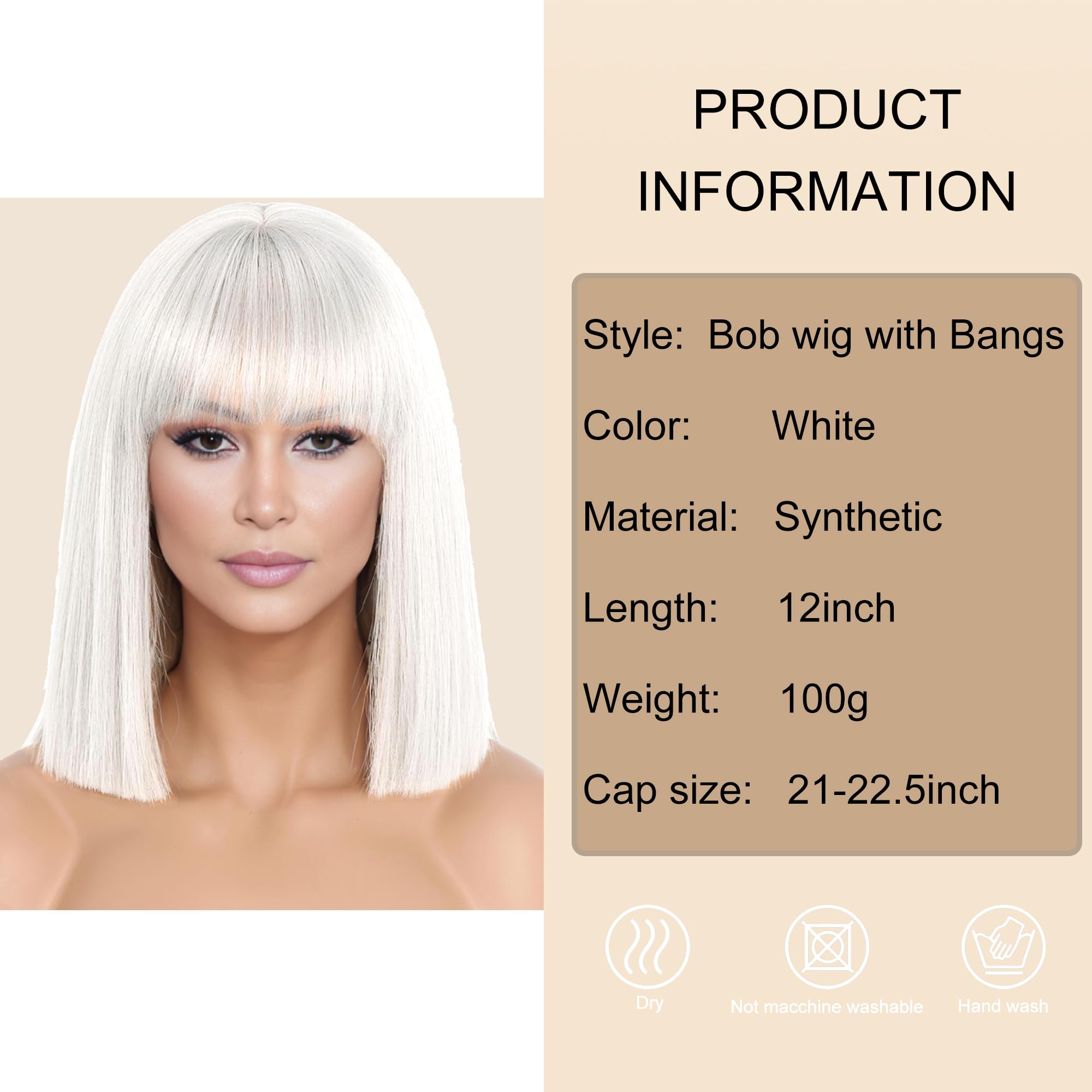 PORSMEER Short Straight Bob White Wigs with Fringe Shoulder Length Hair Colorful Wig for Women Girls Heat Resistant Synthetic Wig for Cosplay Halloween Party14 Inch 35cm - Image 2