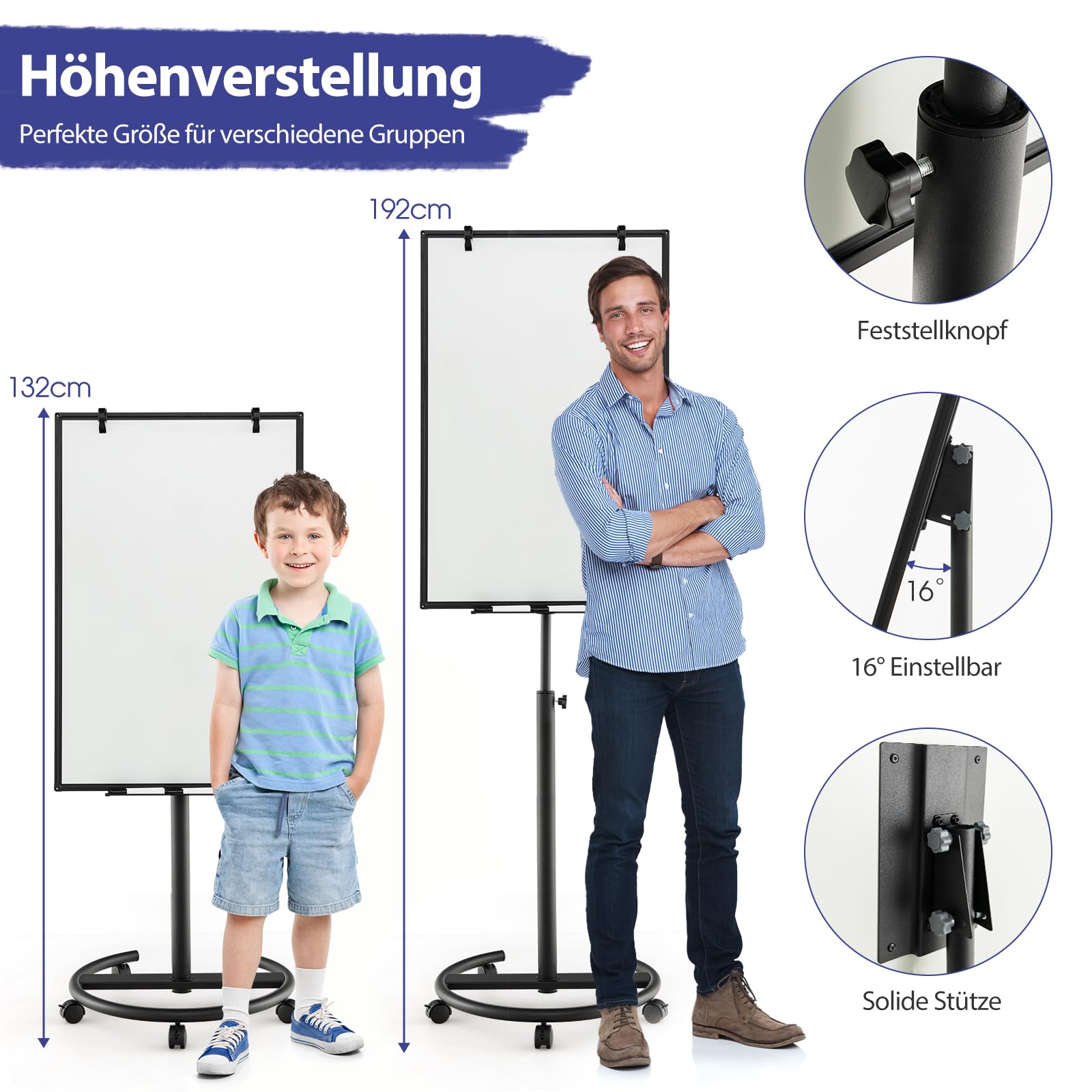 GOPLUS Flipchart Ständer, 100 x 65cm mobiles Whiteboard auf Rollen, Trocken asbwischbar, Flipcharts Whiteboard höhenverstellbar mit Rundfuß, Haken, Marker, Magneten, Papier, Radiergummi (Schwarz)