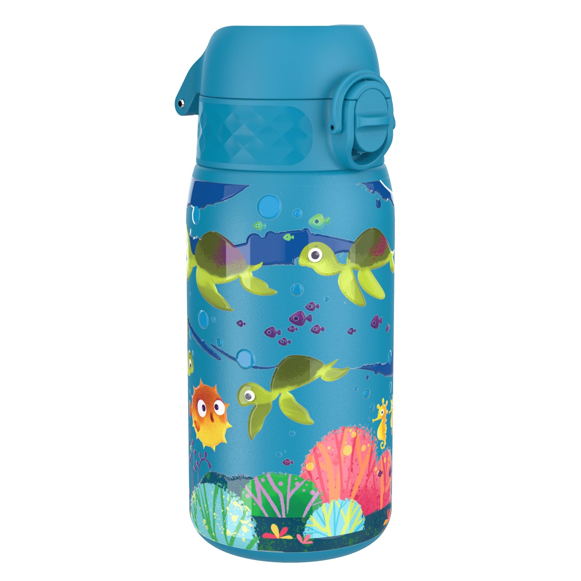 Ion8Lightweight Steel Kids Water Bottle, 400ml/13oz, Non-Insulated, Leak Proof, Easy to Open, Secure Lock, Dishwasher Safe, Fits Cup Holders, Carry Handle, Metal Water Bottle, Blue, Sea TurtleClimatePartner certified