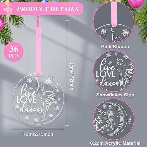 Vista 2 de Roowest 36 Pieces Christmas Ballet Dancer Ornament Decoration Ballerina Round Acrylic Hanging Ornament with Pink Ribbons for Christmas Tree Xmas