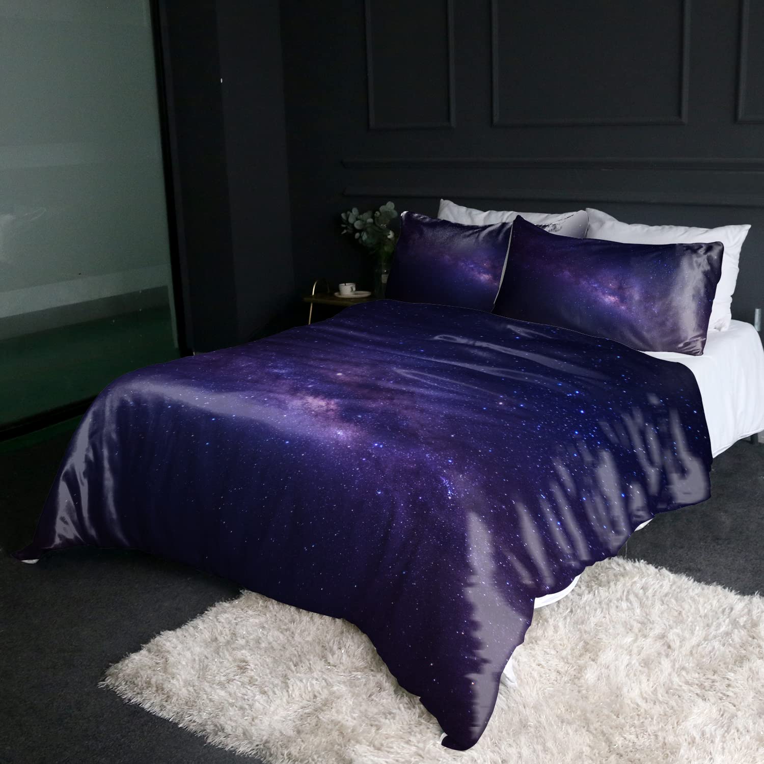 BlessLiving 3D Galaxy King Luxury Silky Bedding Set Among Stars in The Blue and Purple Space Ultra Soft Silky Duvet Cover with 2 Pillow Case Galaxy Themed Gifts (3 Piece)