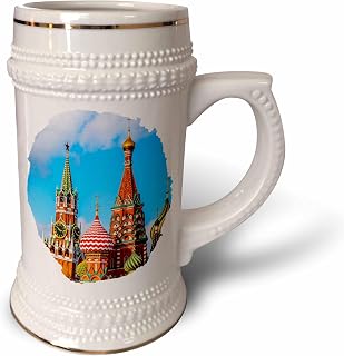 3dRose 22oz Stein Mug - Moscow Kremlin Spassky tower and St. Basils Cathedral. Round frame Alexis Photography - Moscow Kremlin