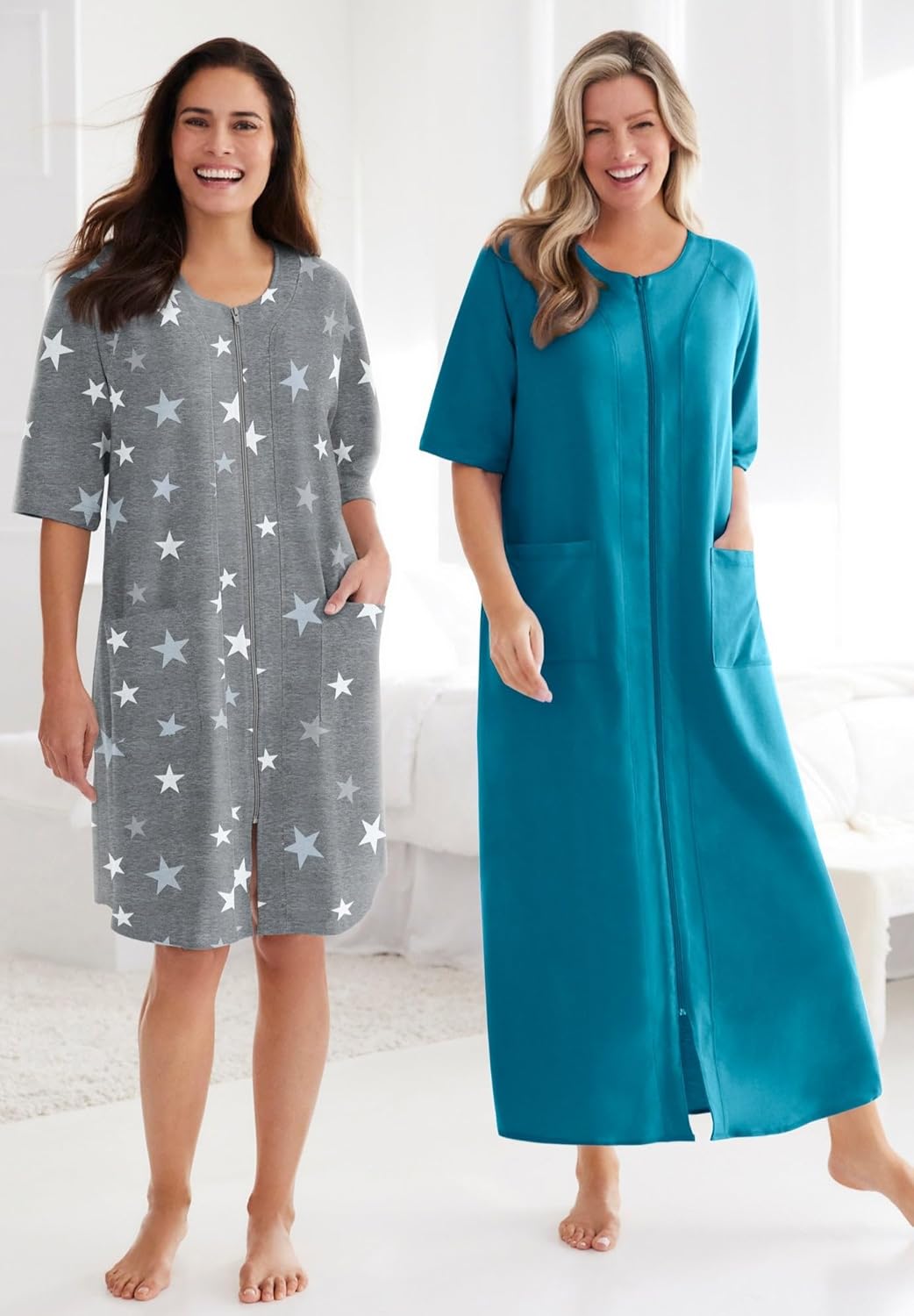 Dreams & Co. Women's Plus Size Long French Terry Zip-Front Robe (Petite Available)