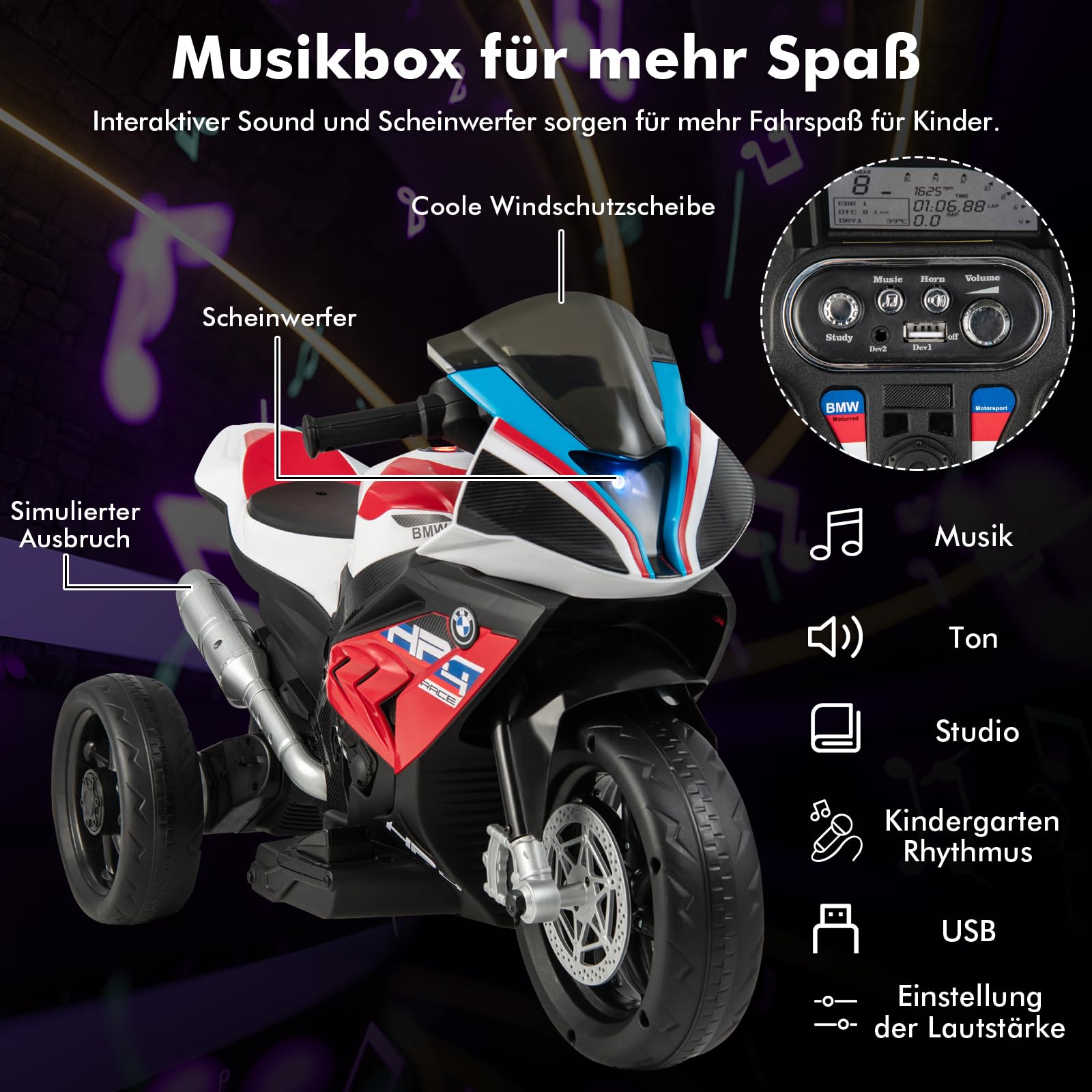 GOPLUS 6V BMW Kinder Elektromotorrad, Kindermotorrad mit Musik & Scheinwerfer für 3-8 Jahren, 3 km/h Kinderfahrzeug mit 3 Rädern & Fußpedal, Kinderdreirad bis 30 kg Belastbar (Rot)
