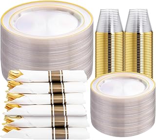 DaYammi 350PCS Clear Gold Plastic Dinnerware Set for 50 Guests, Thanksgiving Plates Disposable, Include: 50 Dinner Plates, 50 Dessert Plates, 50 Pre Rolled Napkins with Gold Silverware, 50 Cups