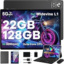 10.1 Inch Tablet with Keyboard, Android Tablet with Gemini AI, 22GB 128GB 2TB Expand, 2-in-1 Tablets with Octa-Core, 8000mAh, 5G WiFi, GMS, GPS, Electronic Tablets with Mouse, Case Black