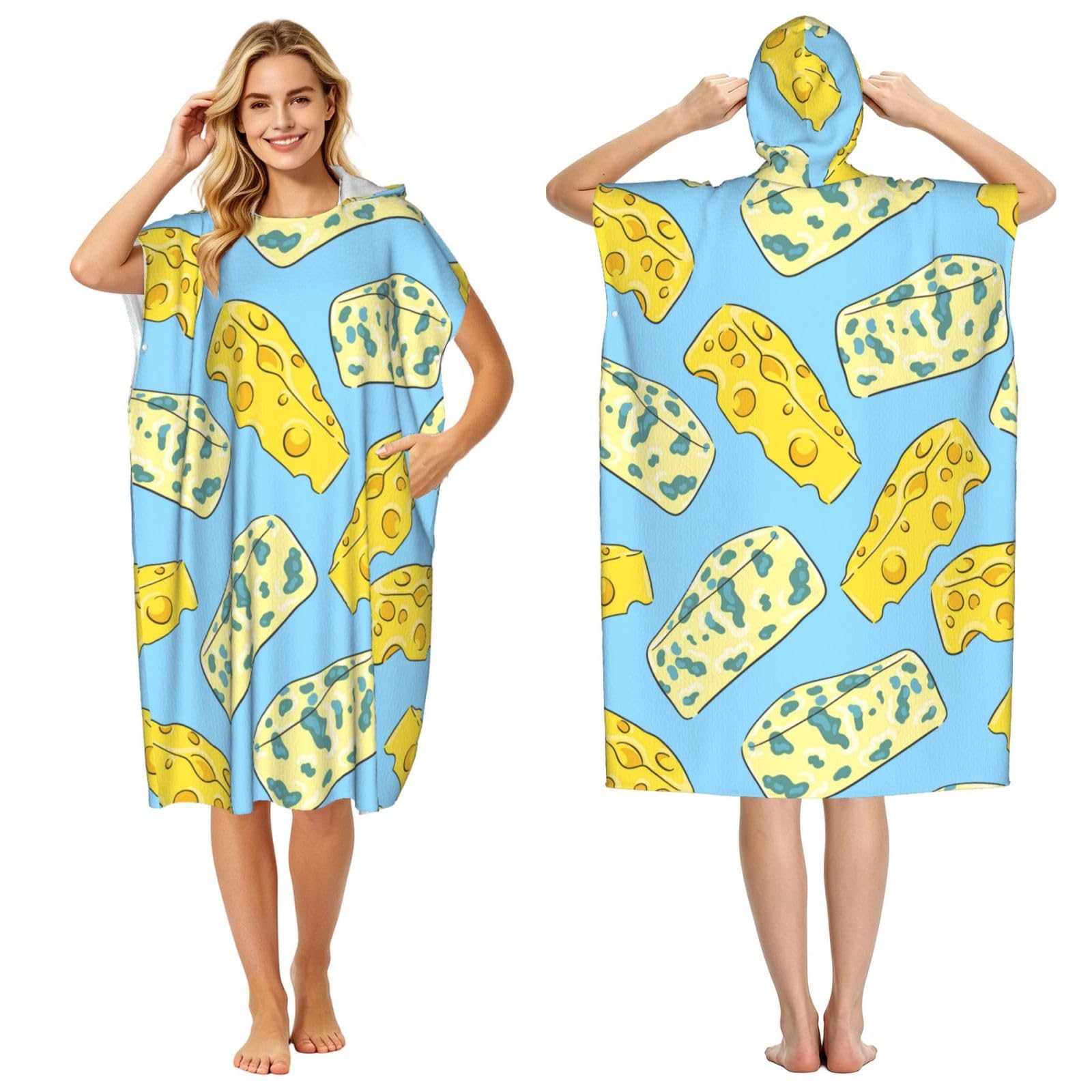 Poadnly Cheese And Blue Cheese, Adult Hooded Beach Towel 90 x 110 cm,Changing Bath Robe, Surf Poncho Towel For Women Men