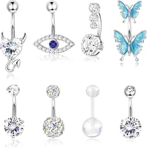 Pack 7 Anillos Ombligo Acero Quirúrgico 14G | Clicker, CZ, Corazón, Mariposa | Piercing Vientre Para Mujeres