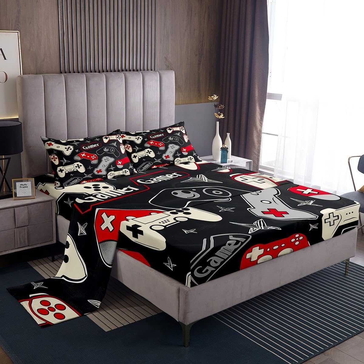 Kids Gamer Bedding Set Full Size,Gaming Top Flat Sheet Boys Teens Adults Room Decor,Video Games Controller Colorful Buttons Deep Pocket Sheet 4Pcs,Hand Drawn Stars Gamepad Bed Sheet Set,2 Pillowcases
