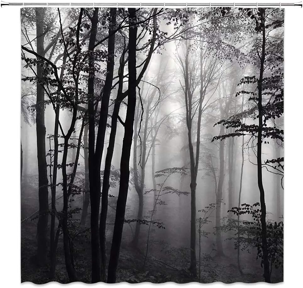 Forest Shower Curtain Black and White Woods Heavy Foggy Abstract Gothic Gross Shadow Dark Landscape Gray Art Printed Polyester Fabric Bathroom Decor Set 70×96 Inch with Hook