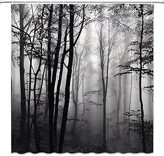 Forest Shower Curtain Black and White Woods Heavy Foggy Abstract Gothic Gross Shadow Dark Landscape Gray Art Printed Polyester Fabric Bathroom Decor Set 60×70 Inch with Hook
