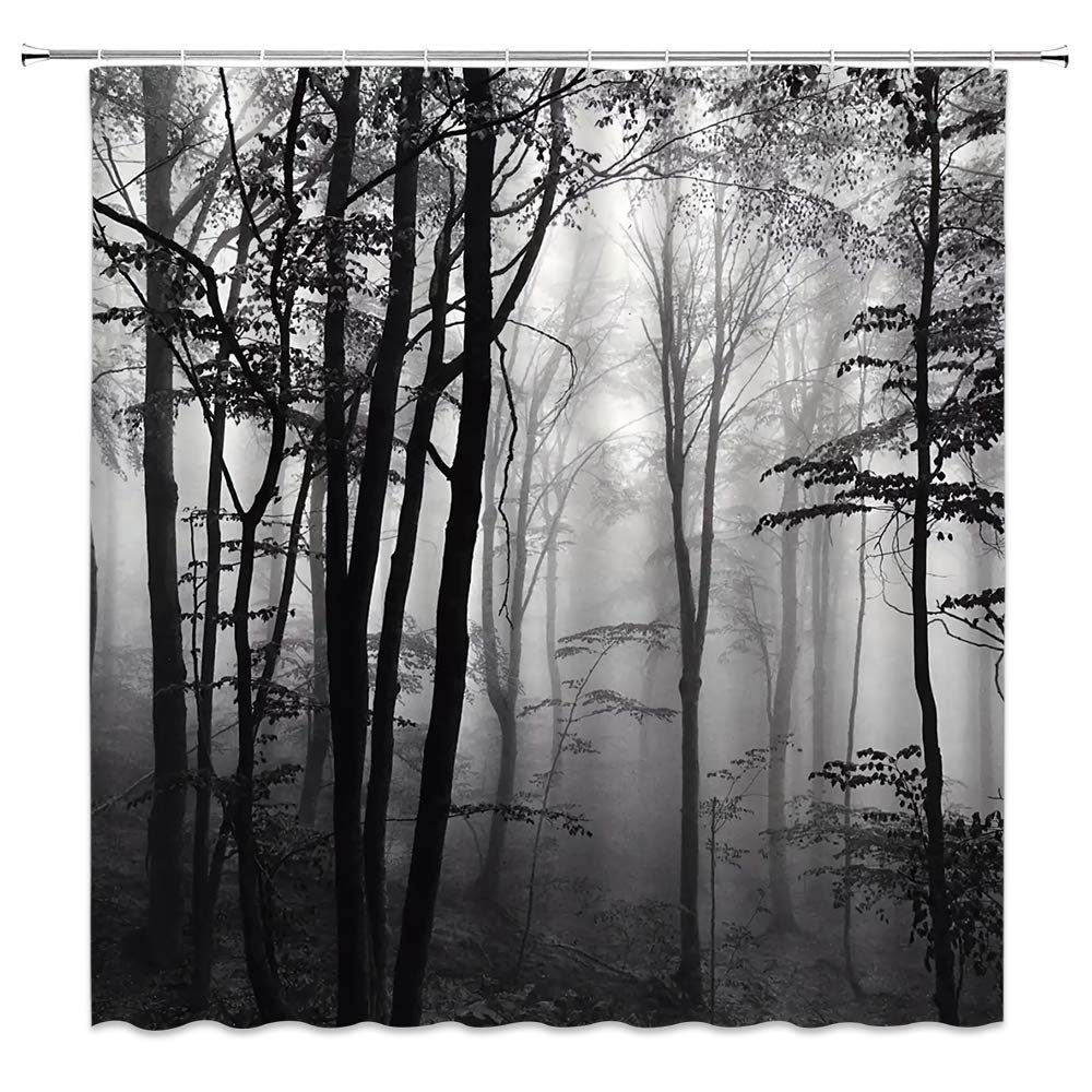 Forest Shower Curtain Black and White Woods Heavy Foggy Abstract Gothic Gross Shadow Dark Landscape Gray Art Printed Polyester Fabric Bathroom Decor Set 70×84 Inch with Hook