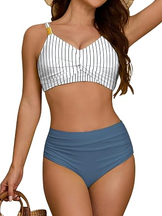 swimall Womens High Waisted Bikini Sets 2 Piece Swimsuit Twist Front Modest Tummy Control Bathing Suits