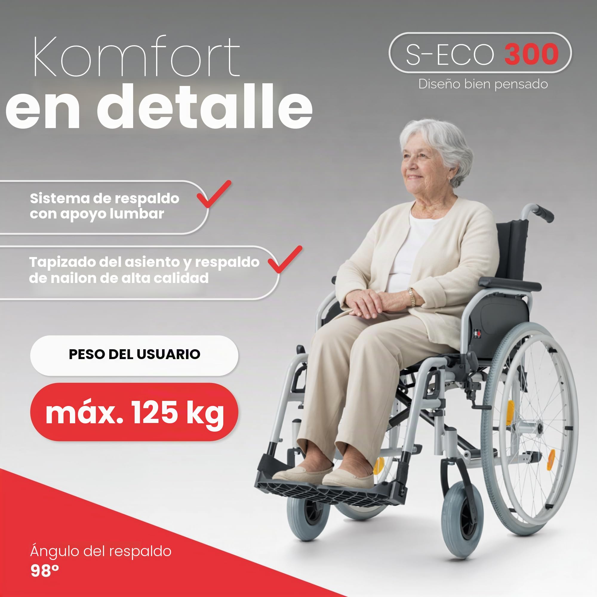Bischoff&Bischoff S-Eco 300 HMV 18.50.02.0106 - Silla de ruedas plegable (52 cm de ancho, con sistema de eje pasante, para uso doméstico y de viaje