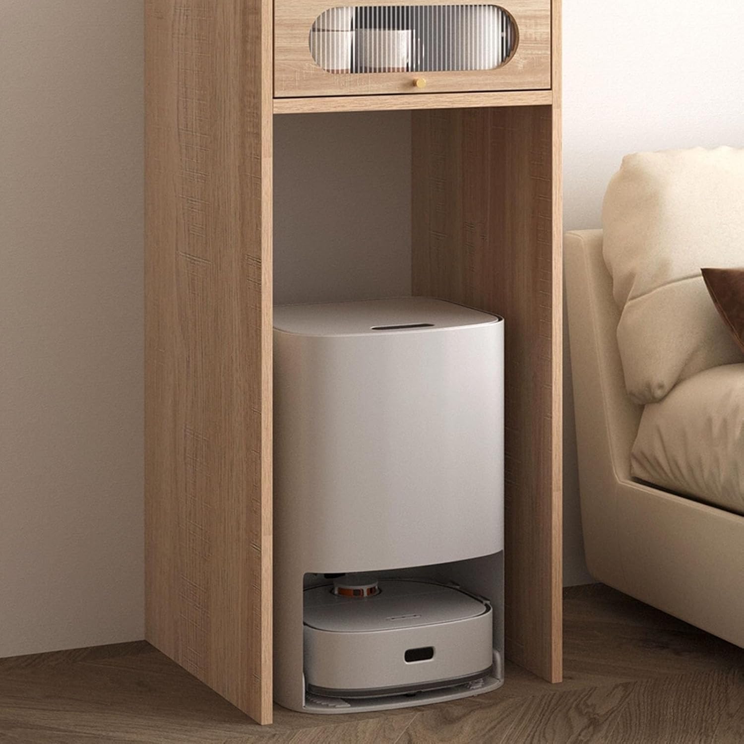 JKGHK Sweeping Robot Storage Rack, Robot Vacuum Hidden Cabinet with Flip Cabinet Door, Wooden Robots Vacuum Hidden Storage Stand, for Living Room, Dorm Room, Hallway(Gray)