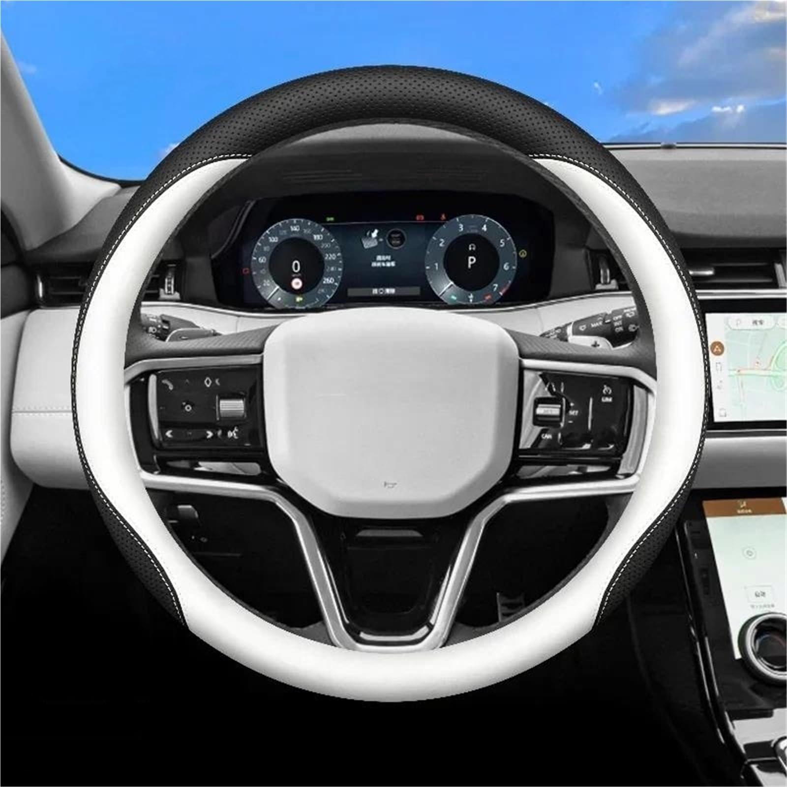 UAGFDFF Leather Steering Wheel Cover Car Steering Wheel Cover Interior Leather For Land For Rover For Range For Rover For Evoque For Velar For Defender For Discovery(Black White)
