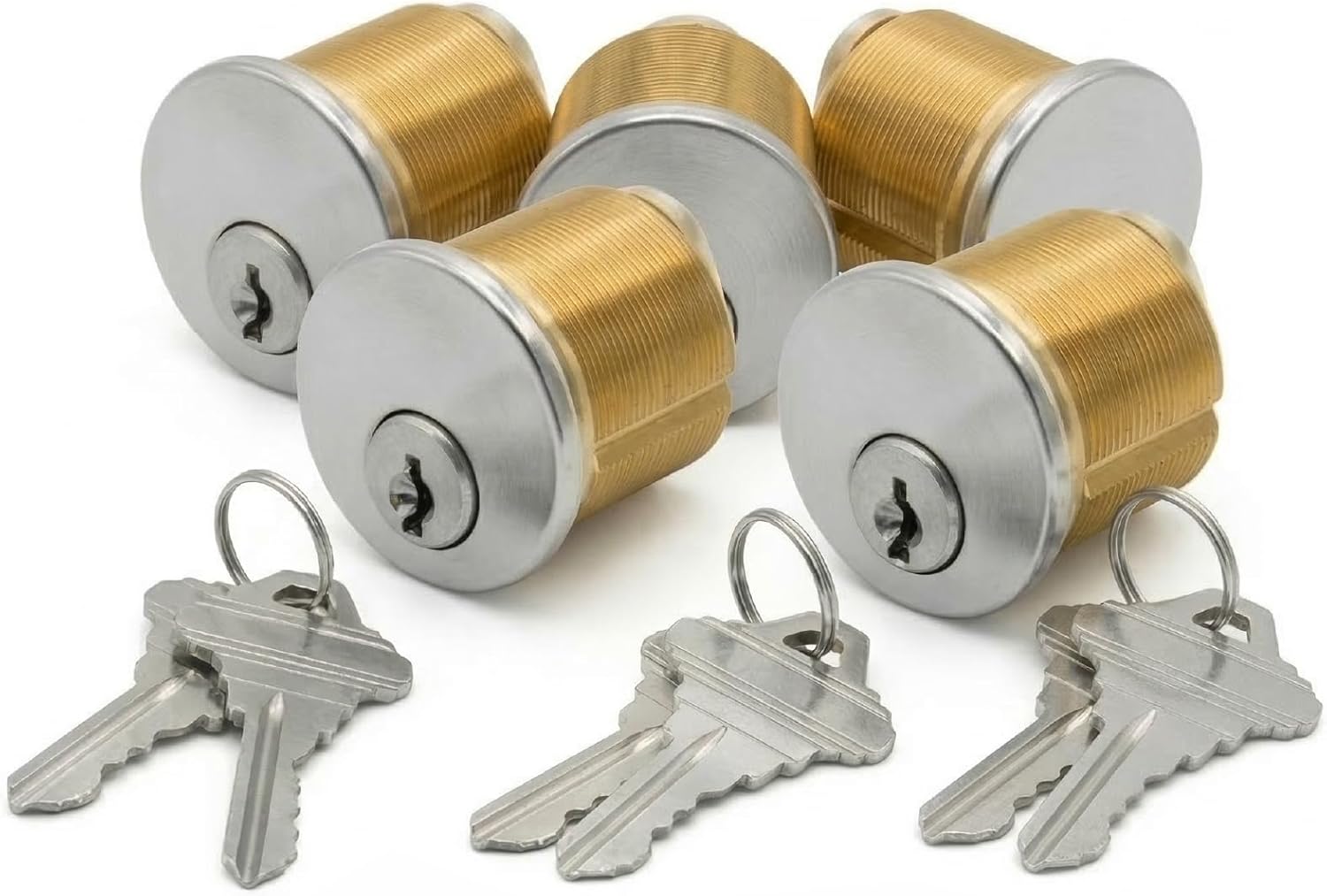 E3Supply Brass Mortise Cylinder Lock 1-1/4 Inch Keyway Keyed Alike | Commercial Door Replacement - Corbin Yale Adams Rite Fit - 5pack