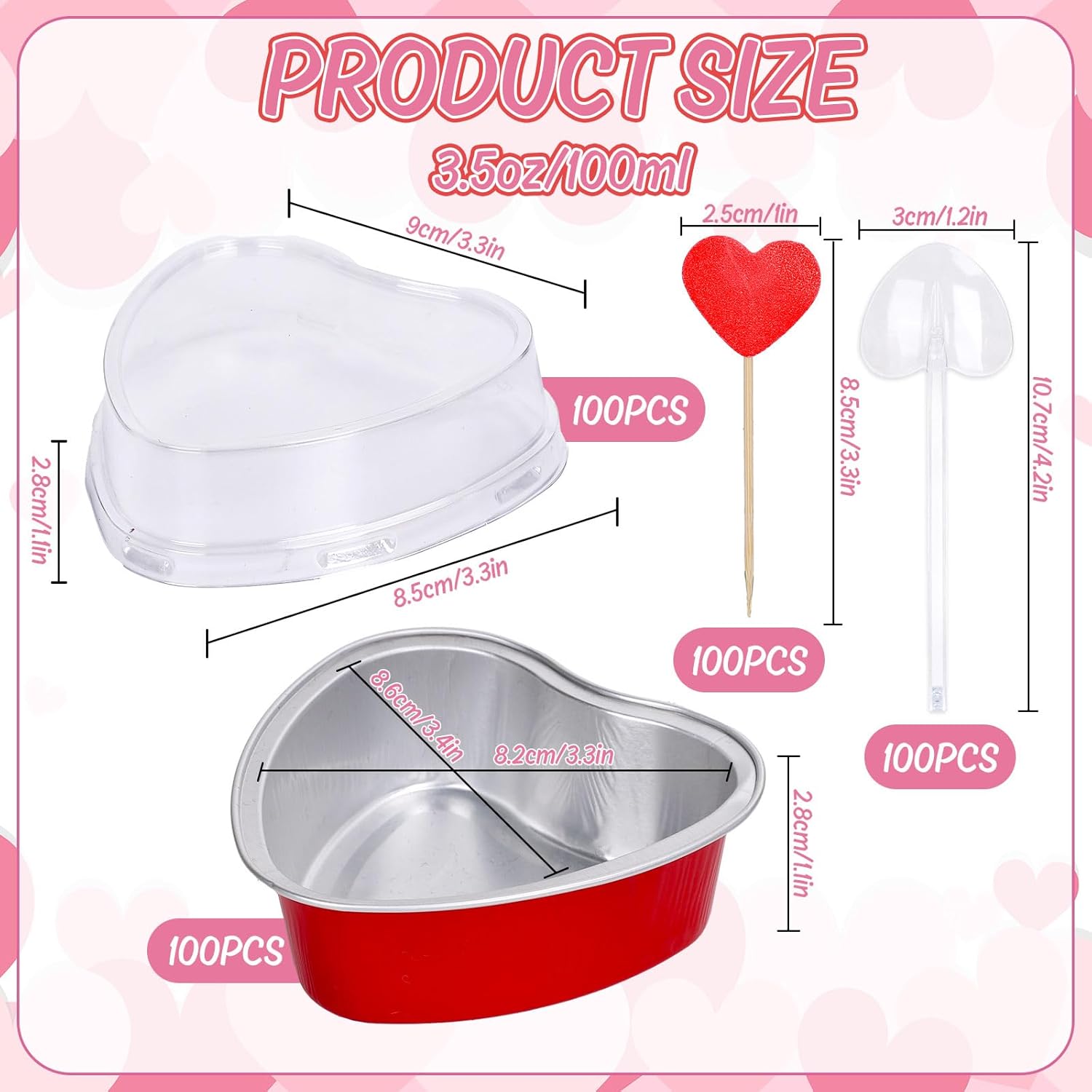 100pcs valentine heart shaped cake pans 3.5oz red mini aluminum foil baking cups with lids spoons disposable cupcake topper for valentine wedding party mother's day birthday