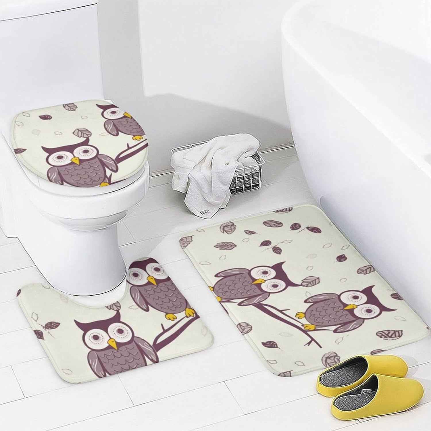 4 Piece Bathroom Rug Set with Shower Curtain, Non-Slip Bath Mat Toilet Cover Set, Owl Tree Branches Bathroom Rug Sets