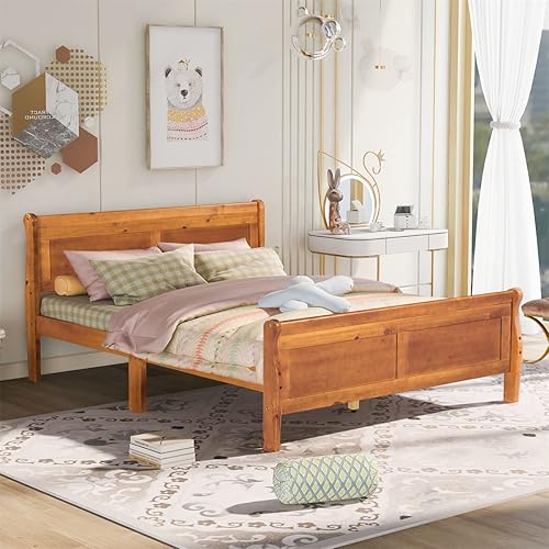 Miniatura 50 de TRIPLE TREE Base de cama de plataforma de madera tamaño Queen, base de colchón con cabecera y estribo para dormitorio, cama de trineo con soporte de