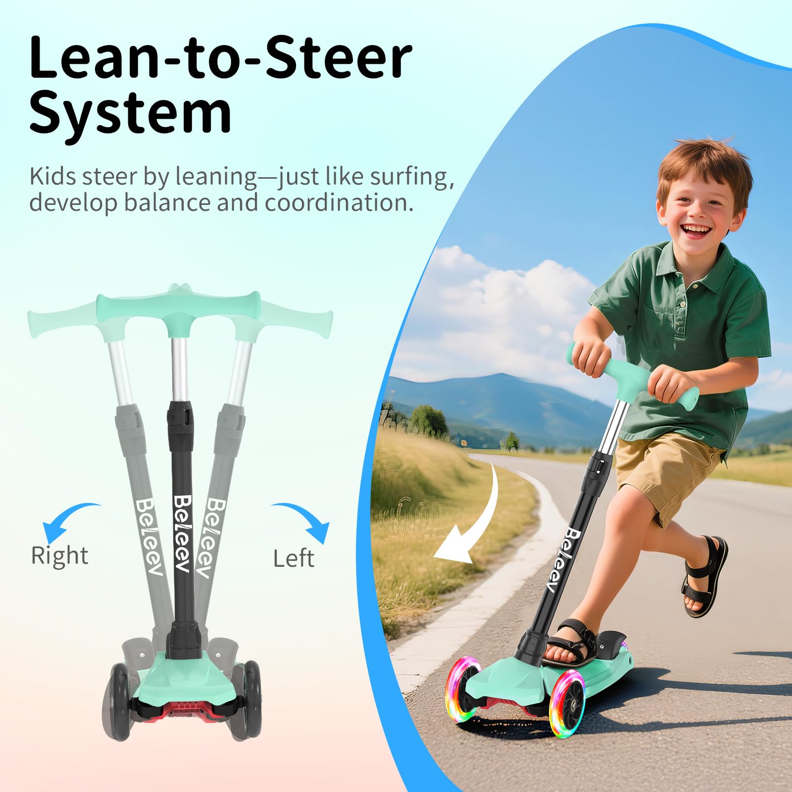 BELEEV A3 Roller Kinder 3 Jahre, 3 Räder Scooter Kinder mit LED Leuchtende Räder, 5 Höhenverstellbare, Lean to Steer, Rutschfestes Deck, Premium Kinderroller 3-12 Jahre Mädchen Jungen, Dreiradscooter