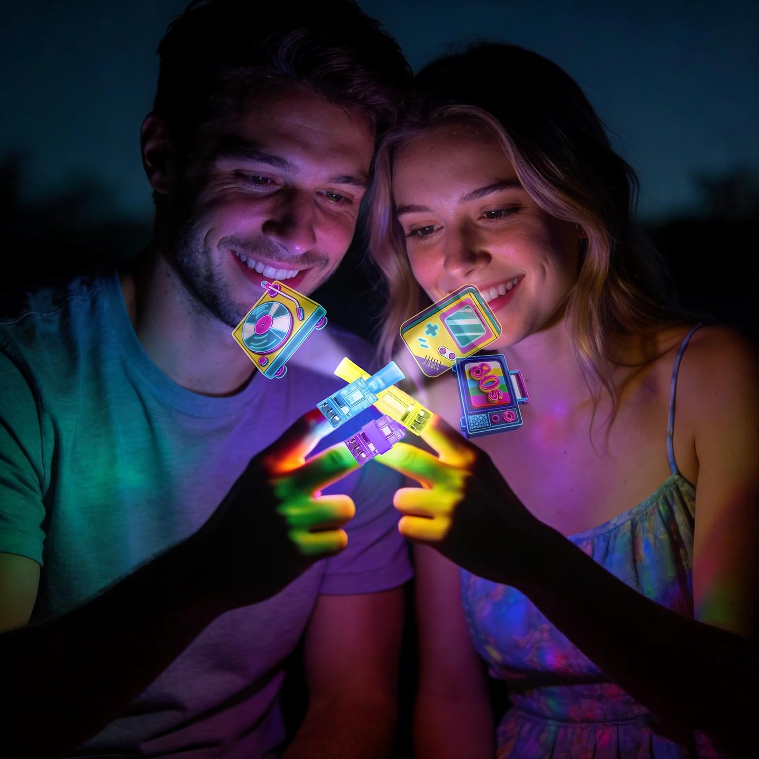 24PCS 80s Party Favors Finger Lights, 8 Designs for Party Treat Bags | 24 80s finger lights in 8 retro designs, sized for party treat bags, favor boxes, tabletop decor, and theme setups