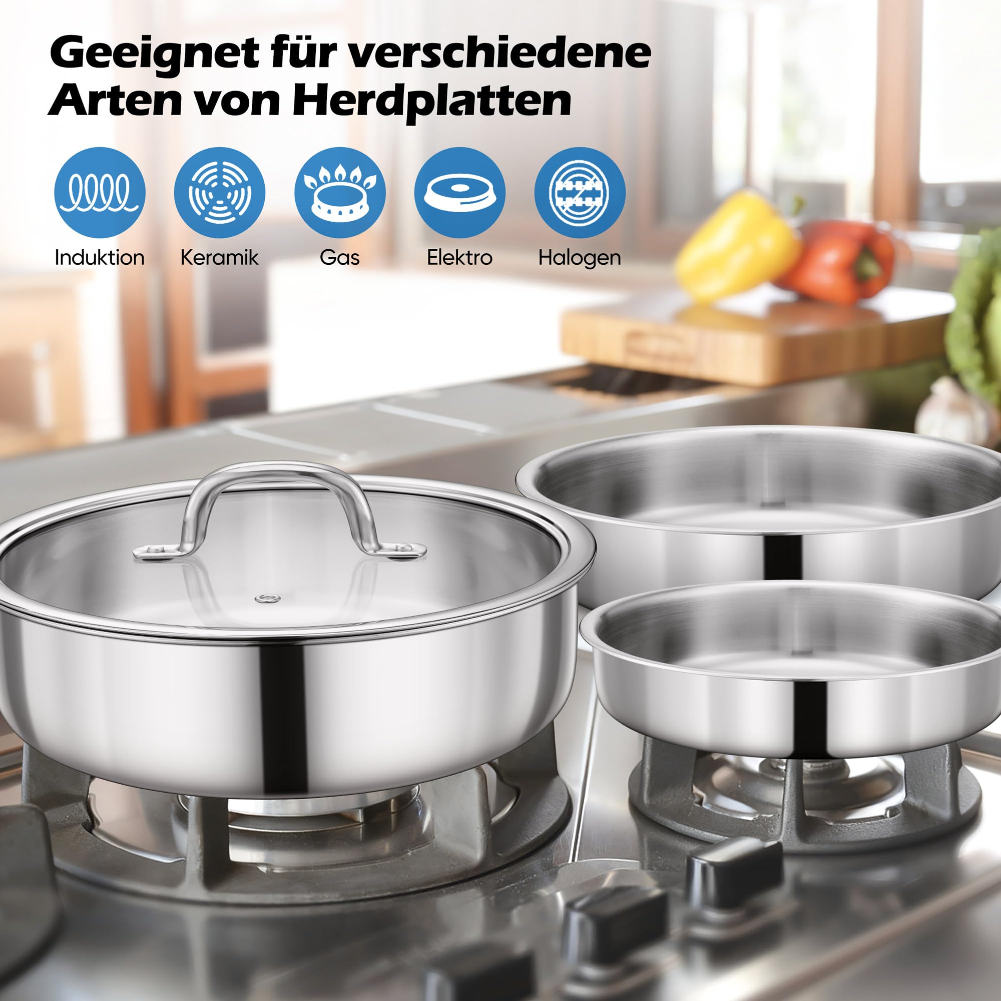 Joyfair Topfset, 9-Teilig Edelstahl Pfannenset mit Abnehmbarer Griff, Stapelbar Induktion Topfsets mit Bratpfanne, Kochtopf, Schmortopf und Deckel, für Alle Herdarten, Backofenfest & Spülmaschinenfest