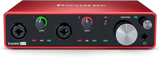 Focusrite Scarlett 4i4 3. generacji Interfejs audio USB do nagrywania, tworzenia piosenek i streamingu, wysoka wierność dźwięku, studyjna jakość nagrań i przejrzyste odtwarzanie