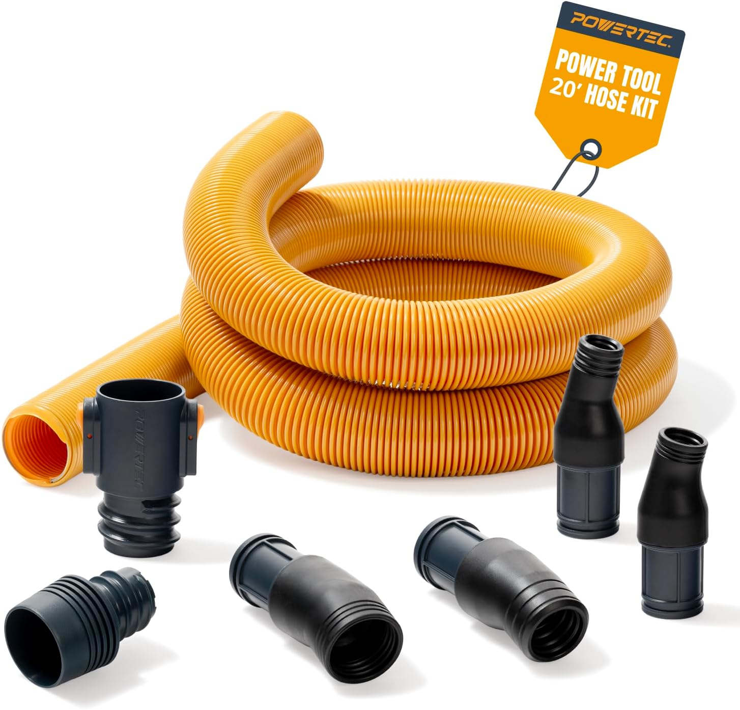 POWERTEC Power Tool Hose Kit with 20’ Vacuum Hose, 4 Quick Change Adapters & Threaded Coupler – Dust Collector Hose Kit for Connecting Table Saw, Power Tools to Shop Vacuums and Dust Collection System
