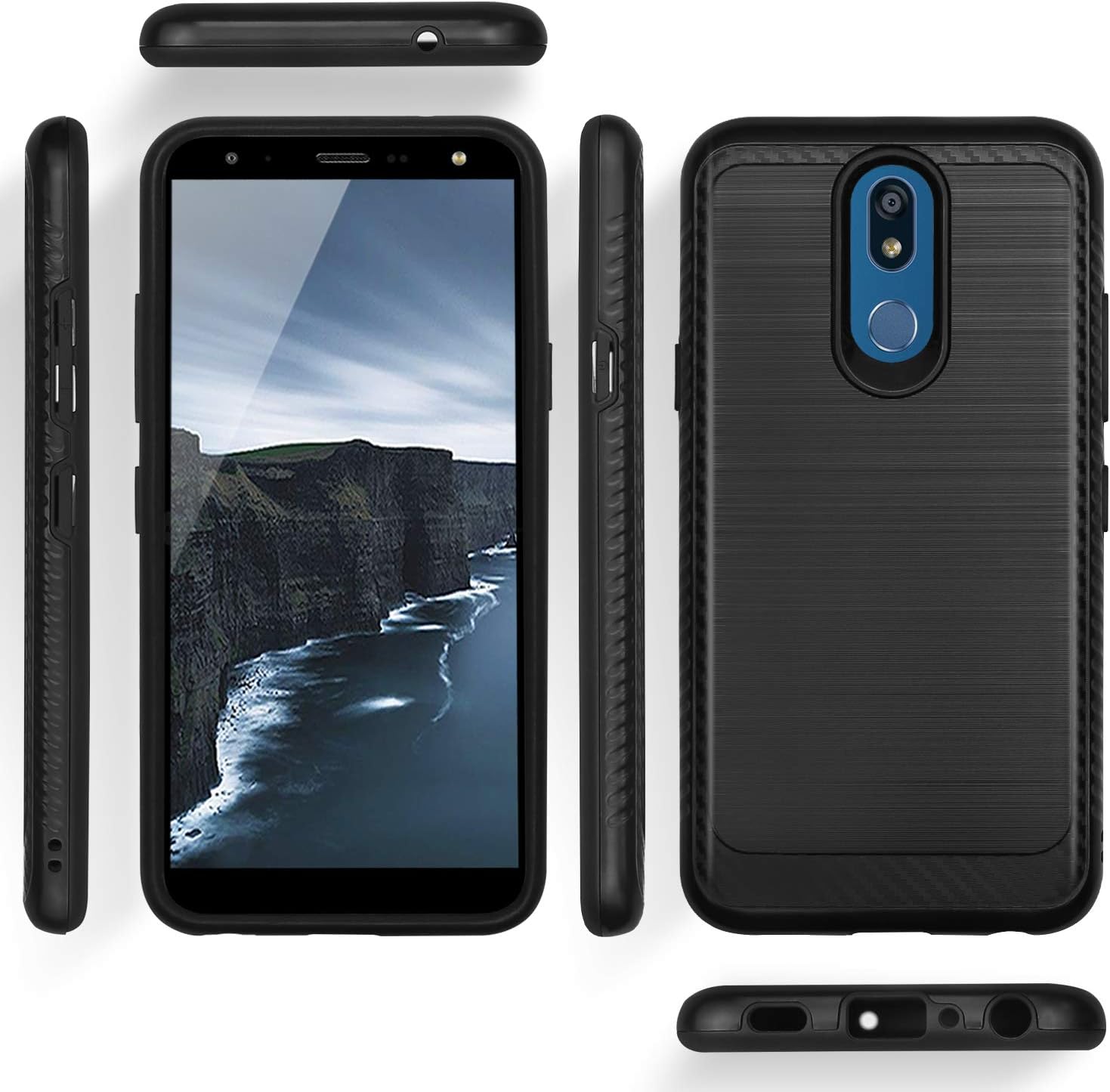 TJS Phone Case Compatible with LG K40/K12 Plus/X4/Solo LTE/Harmony 3/Xpression Plus 2, [Full Coverage Tempered Glass Screen Protector] Shockproof Metallic Brush Finish Hard Inner Layer (Blue)