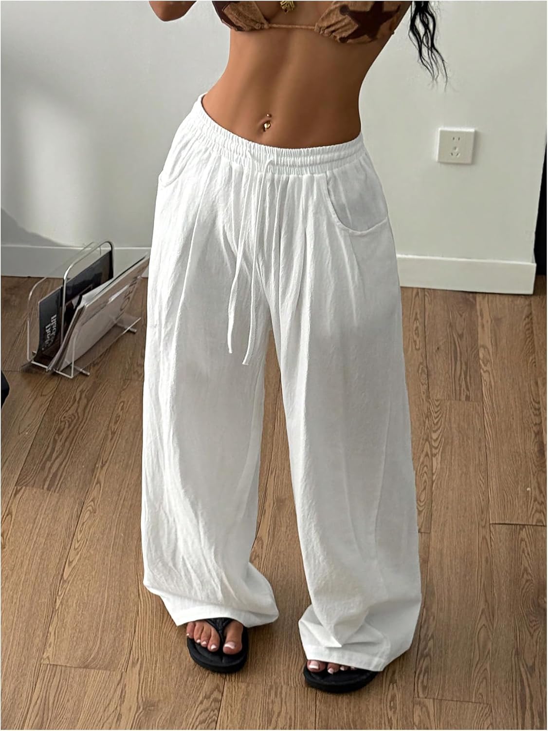 RoseSeek Women's Linen Beach Pants Drawstring Elastic Waist Wide Leg Palazzo Pants Bottom Swimsuit Coverups