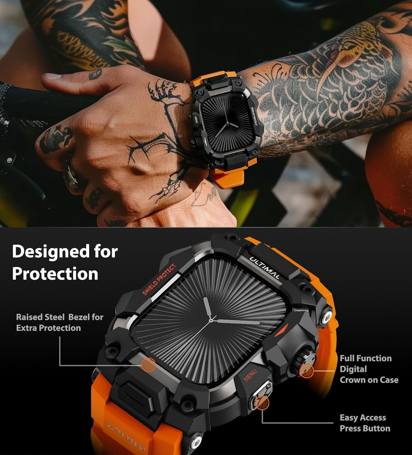 ULTIMAL Rugged Case with Band for Apple Watch 46mm,Compatible with Apple Watch Series 11/10, Military Grade Shockproof Bumper Cover for iWatch Tactical Band Men (Orange, 46mm) - Image 3