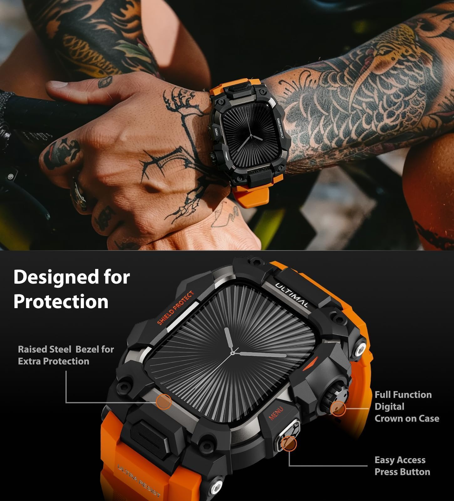 ULTIMAL Custodia robusta con cinturino per Apple Watch da 46 mm, compatibile con Apple Watch Serie 10, di grado militare, antiurto, per cinturino tattico da uomo (46 mm, arancione)