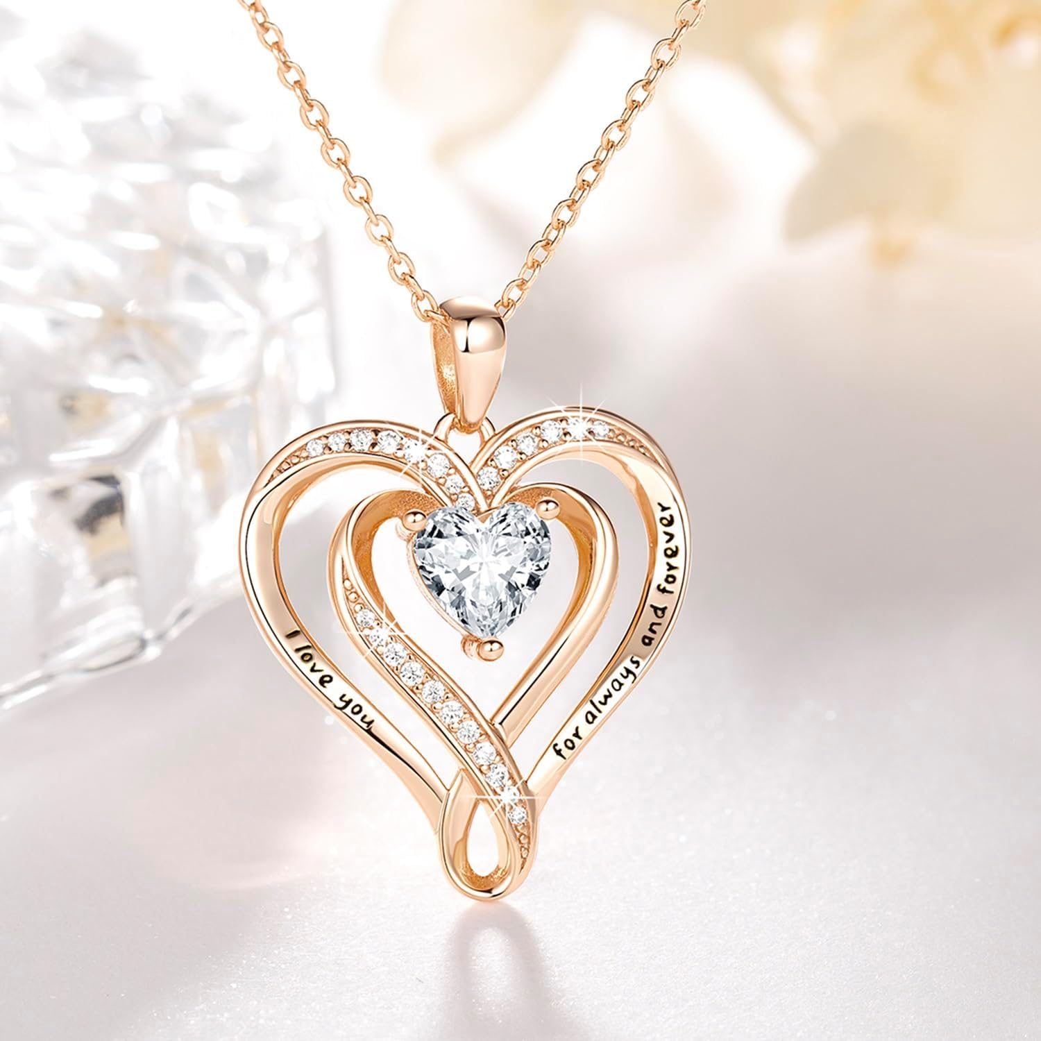 AmorAime 925 Sterling Silver Necklace for Women Heart Necklace 14K Gold Plated Neclaces or Rose Gold Plated